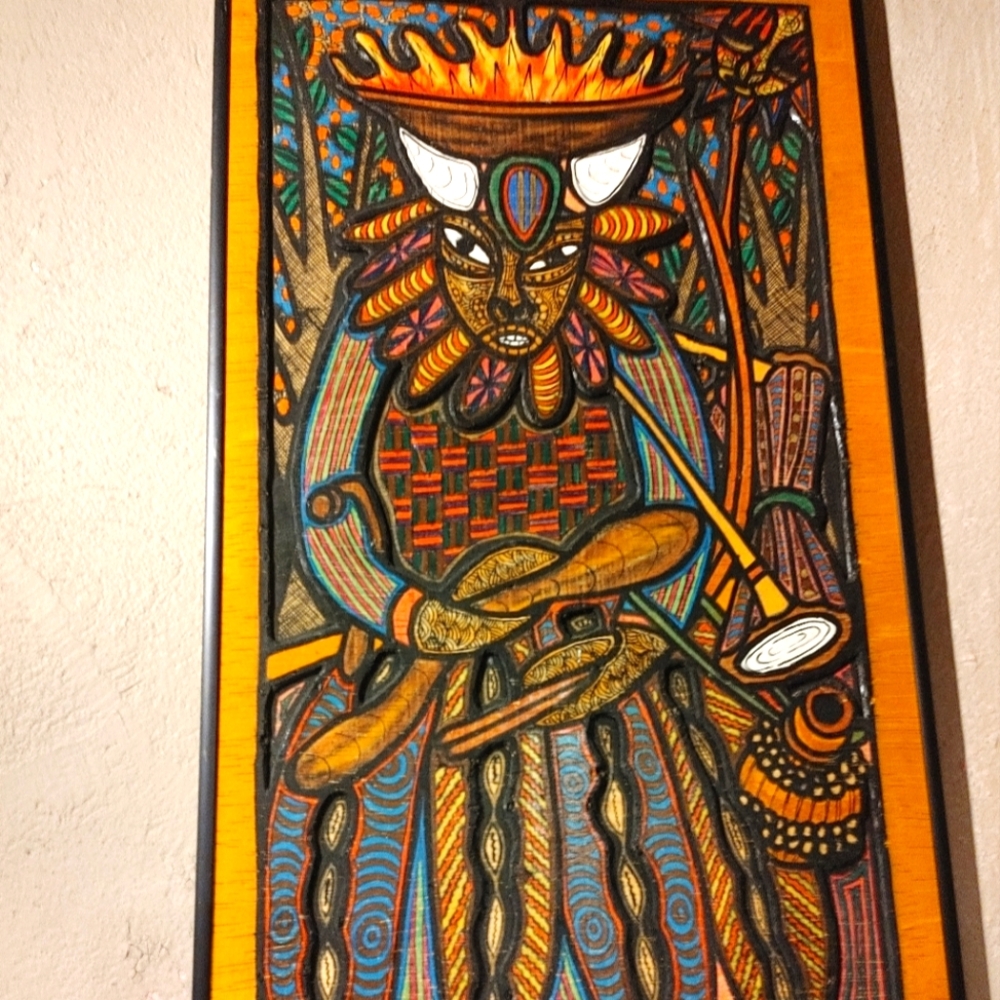 Hand carved and hand painted wood wall art by : Emmanuel Emvic ,Osogbo